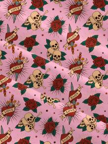 Shutterstock Women's Skeleton & Floral Print Fashion Halter Neck Tank Top Pink Top Skull Print Top Rose Print Top Tattoo Print Top Pink Halter Top - Pink - View 3