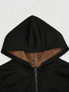 SHEIN Plus Size Solid Color Women Ruffled Hem Hooded Elegant Jacket Winter Fall Autumn - Black - View 3