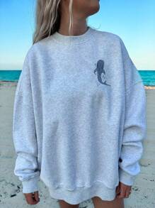 SHEIN EZwear Casual Simple Vacation Beach Shark Graphic Print Loose Fit Round Neck Long Sleeve Sweatshirt For Women Back To School Fall And Winter Clothing Autumn And Winter