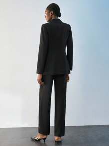 Maija Bộ đồ công sở 2 mảnh màu đen trơn thời trang tối giản thoải mái khi đi làm hàng ngày, trang phục chuyên nghiệp, áo khoác dài tay và quần ống rộng có khóa kéo, cạp chun thoải mái, thường ngày cho công sở - màu đen - Xem 5