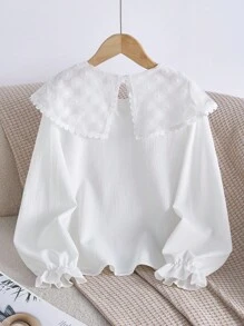 Girls' Casual Long Sleeve Lace Trim Pullover Blouse, Elegant Floral Embroidered Collar Shirt For Outings, Simple White Top - White - View 2