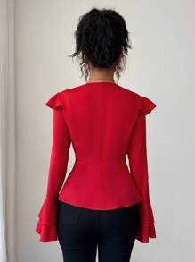 Selianne New Vintage Style Women's Red Long Sleeve V-Neck Ruffle Trim Metal Button Decor Blouse - Red - View 2