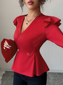 Selianne New Vintage Style Women's Red Long Sleeve V-Neck Ruffle Trim Metal Button Decor Blouse - Red - View 3