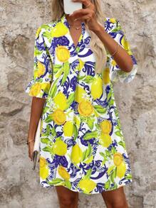 SHEIN Clasi 大码女式水果印花 V 领喇叭袖宽松休闲连衣裙