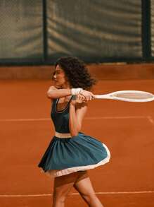 CourtClass Women's Green Knitted Tennis Dress With Pleated Mini Skirt. Sleeveless Scoop Neck Activewear Dress Featuring Built-In Shorts And Pockets. Ideal For Sports And Workout. - Green - View 4