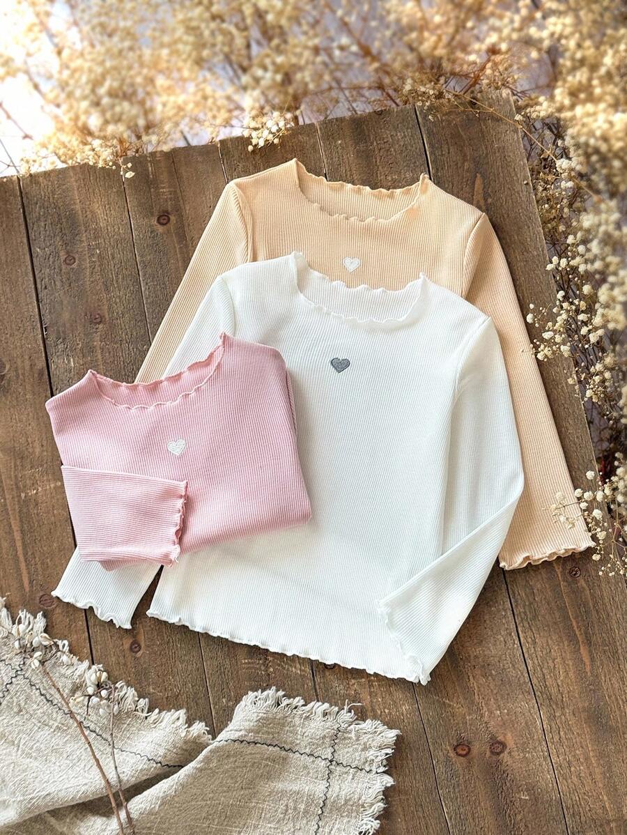 SHEIN 3件套百搭时尚简约圆领长袖T恤，适合年轻女孩 - 彩色 - 查看 1