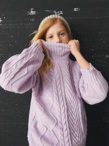 SHEIN Tween Girl Turtleneck Cable Knit Lantern Sleeve Sweater,In Fall/Winter - Lilac Purple - View 6