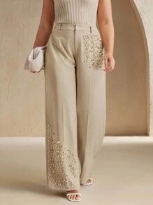 Anewsta Plus Size Fashionable Beaded Women Pants Fall - Cream - View 4