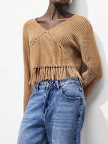 Lumivelle Suéter de punto casual de mujer con bajo con flecos y unicolor, para otoño e invierno