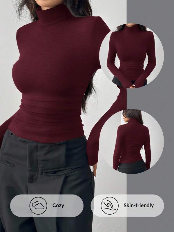 SHEIN EZwear Camiseta de manga larga de cuello alto ajustada de punto rojo Encore para mujer