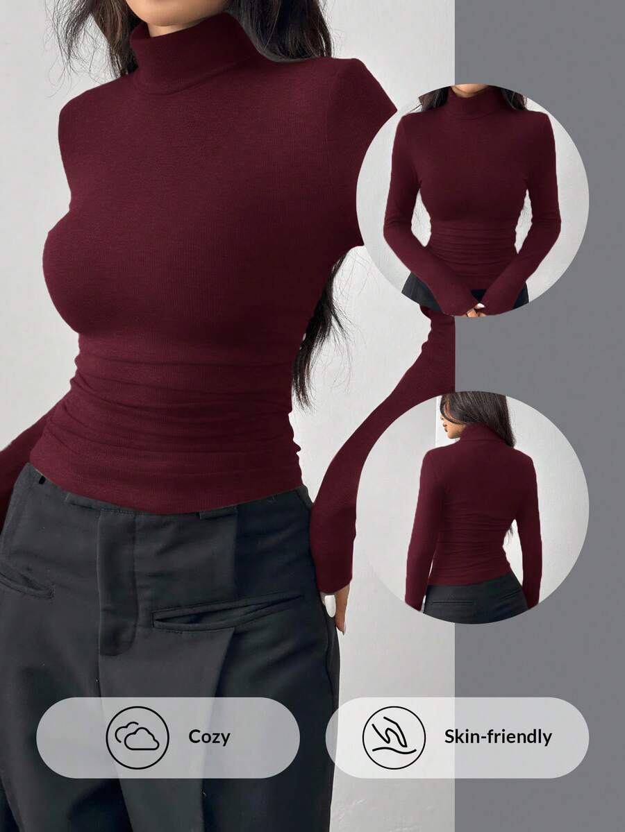 SHEIN EZwear Encore 红色针织高领紧身长袖T恤女款长袖上衣高领上衣，红色紧身上衣 - 酒紅色 - 查看 1