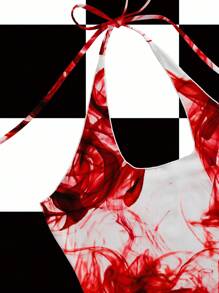 Shutterstock 紅白色紮染血色暗黑風萬聖節辣妹休閒Y2K女款掛脖上衣，適合夏季度假聚會派對日常穿著，紅色圖案短版上衣，紅白色圖案上衣，紅色掛脖上衣，圖案掛脖上衣，紅色短版上衣，紅白色短版上衣，掛脖短版上衣 - 彩色 - 查看 3