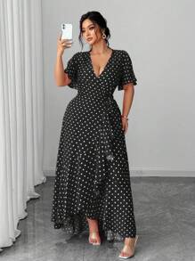 SHEIN Unity Plus Size Polka Dot Wrap Dress With Tie Waist, Ruffle Hem And Side Slit - Black - View 1