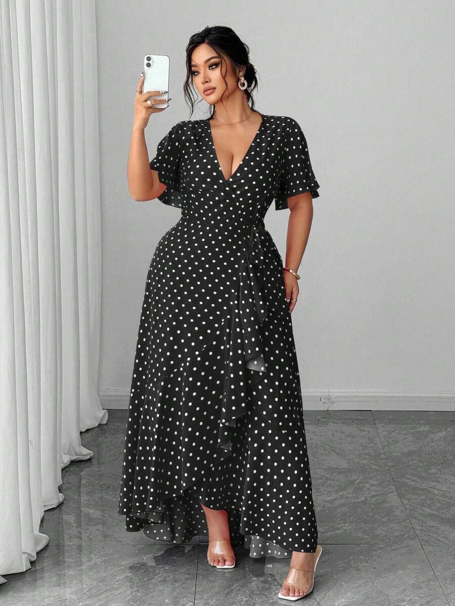 SHEIN Unity Plus Size Polka Dot Wrap Dress With Tie Waist, Ruffle Hem And Side Slit - Black - View 1