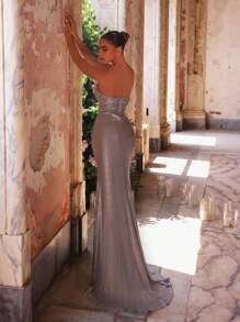 Glamrae Thanh lịch, Sang trọng, Gợi cảm, Thời trang, Xám nhạt, Vải phủ lưới, Cổ chữ V sâu, Không dây, Trang trí đính vải, Định hình xương, Ôm sát, Trang trí xếp ly, Chân váy đuôi cá, Thích hợp cho Đám cưới, Tiệc tùng, Kỳ nghỉ, Tiệc tối, Đầm dạ hội (Phiên bản sang trọng) - Màu Xám nhạt - Xem 3