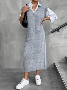 SHEIN Rochie pulover fără mâneci, de primăvară/toamnă, ocazională, de culoare uni, cu decolteu în V - Gri - Vizualizare 6