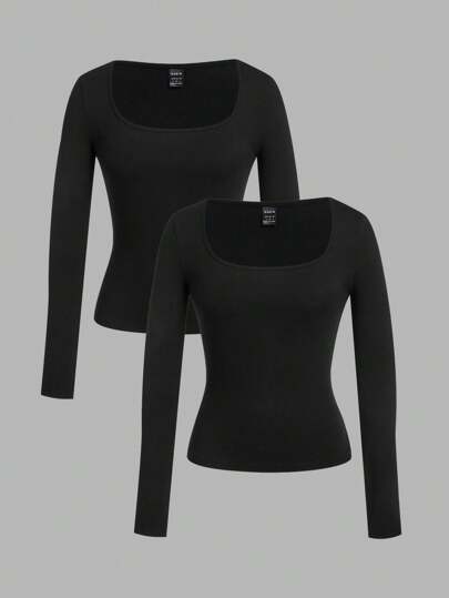 SHEIN EZwear 2 件黑色方领修身长袖休闲 T 恤套装，女士，秋冬