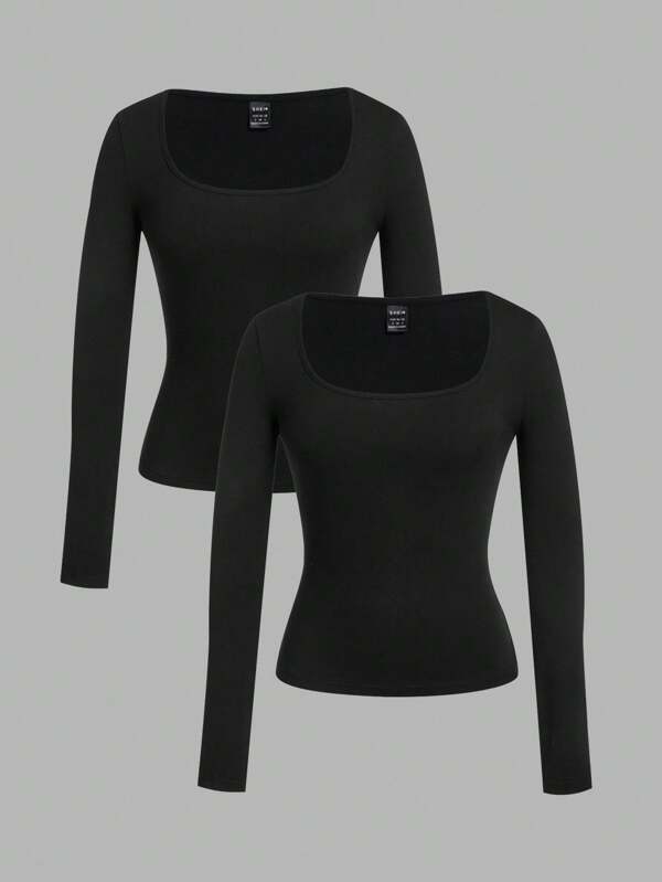 SHEIN EZwear 2 件黑色方领修身长袖休闲 T 恤套装，女士，秋冬