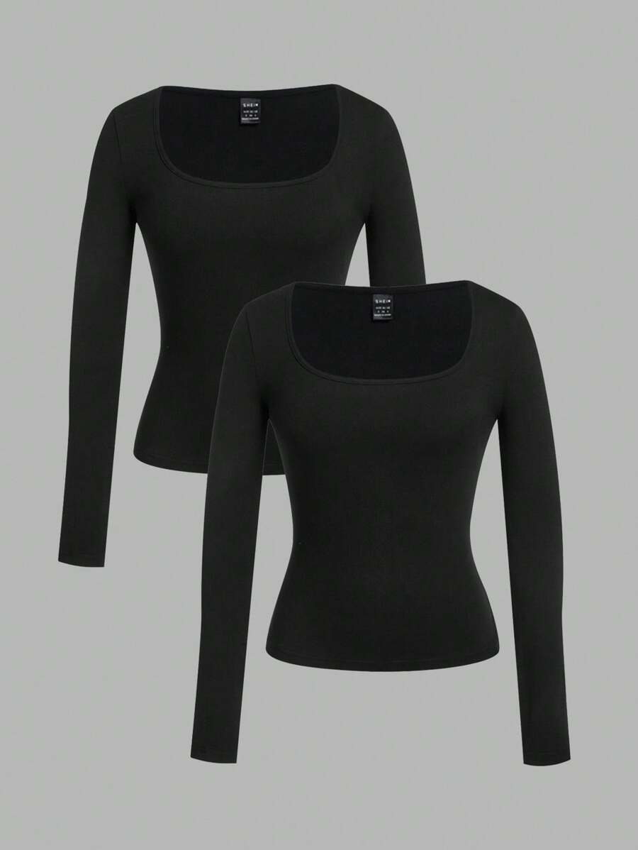 SHEIN EZwear 2 件黑色方领修身长袖休闲 T 恤套装，女士，秋冬 - 黑色 - 查看 1