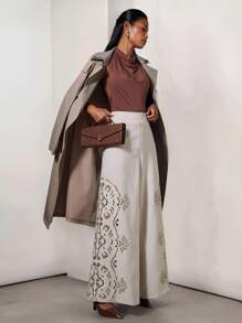 COSMINA 秋季女装女士优雅阔腿镂空提花裤、工作裤、外出装 - 杏色 - 查看 1