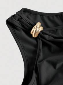 SHEIN MOD Đầm đen hở vai cổ bẻ không đối xứng cho nữ - màu đen - Xem 3