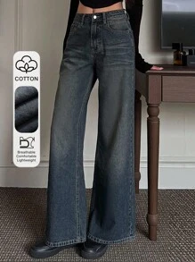 Dazy Tall 女式高腰长款直筒休闲牛仔裤 - 中等水洗藍 - 查看 1