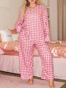 Conjunto de pijama de talla grande con camisa abotonada a cuadros y pantalones, ropa de otoño, atuendos acogedores - Rojo - Ver 4