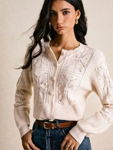 Poéselle 全新休闲宽松复古简约设计女式针织开衫 - 杏色 - 查看 5