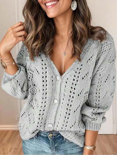 Chiquease Women's Solid Color Hollow V-Neck Casual Knit Cardigan Fall Winter Cloth For Women