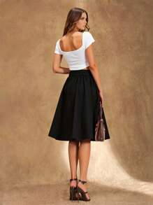EMERY ROSE Casual Everyday Sunburst Button Decor Women's Skirt - Black - View 2