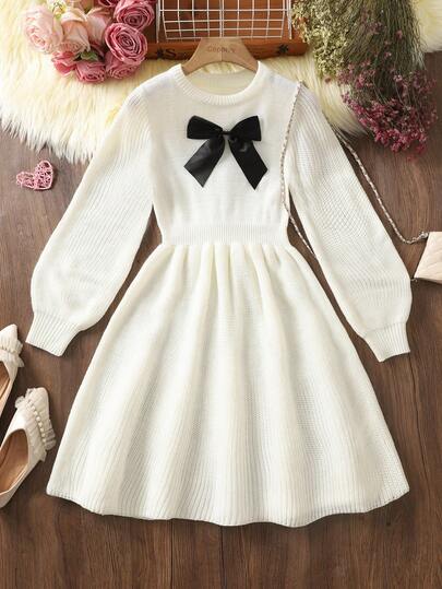 Teen Girl Colorblock Bow Decor Round Neck Long Sleeve Sweater Dress Girls Sweater Dress Girls Bow Dress Girls Winter Dress Girls Long Sleeve Dress Girls White Dress Girls Knit Dress Girl S Spring And Autumn Dress Long Sleeve Dress Kids Autumn Dress Kids