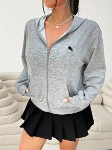 SHEIN EZwear 加大码女式刺绣细节灰色休闲拉链连帽衫运动衫，返校季，秋季女装冬秋季 - 灰色 - 查看 5