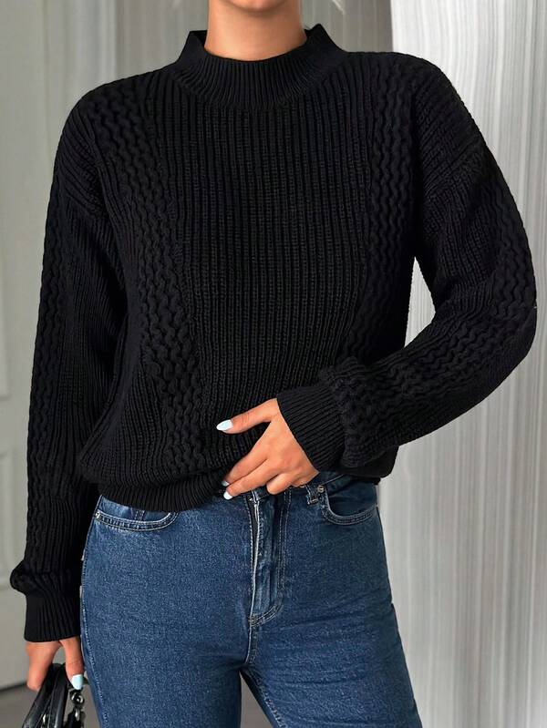 SHEIN Tall Tall Size Women Rib Knit Solid Color Casual Sweater Turtle Neck Women Sweater For Women Black Sweater