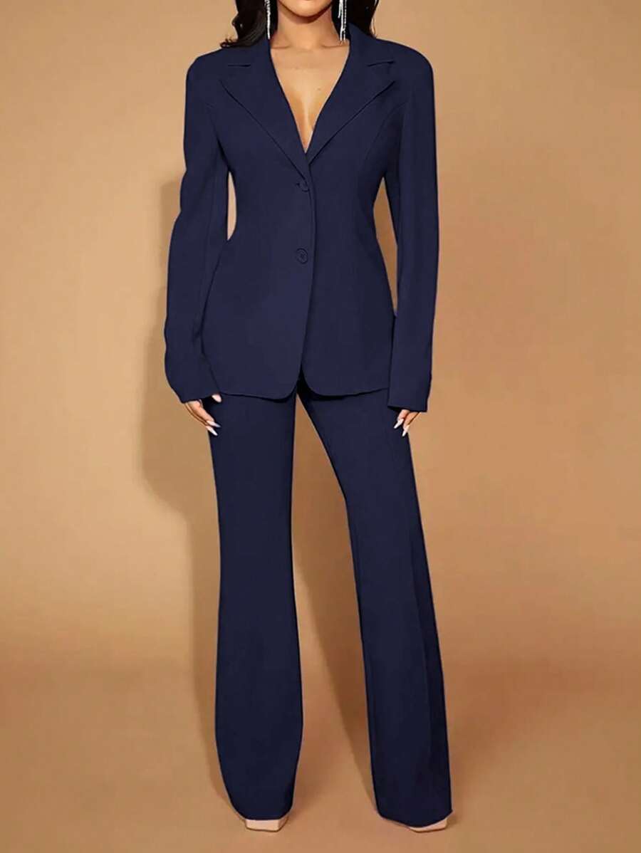 SHEIN LUNE Plus Size High Waisted Straight Pants Fall Cloth For Women - Navy Blue - View 1