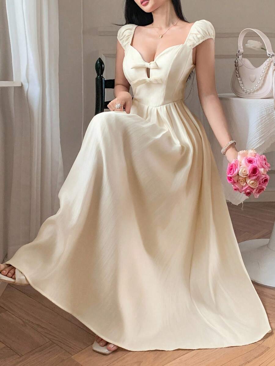 DAZY 纯色V领蝴蝶结无袖中长连衣裙，适合女士婚礼穿着 - 白色 - 查看 1