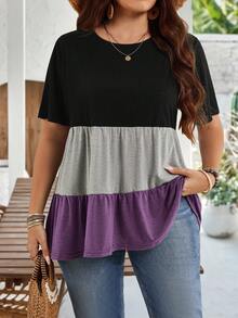 EMERY ROSE Damen Große Größen Farbblock Rundhals Kurzarm Rüschen Saum Lässig Tunika Tops für Frühling und Sommer Muttertag