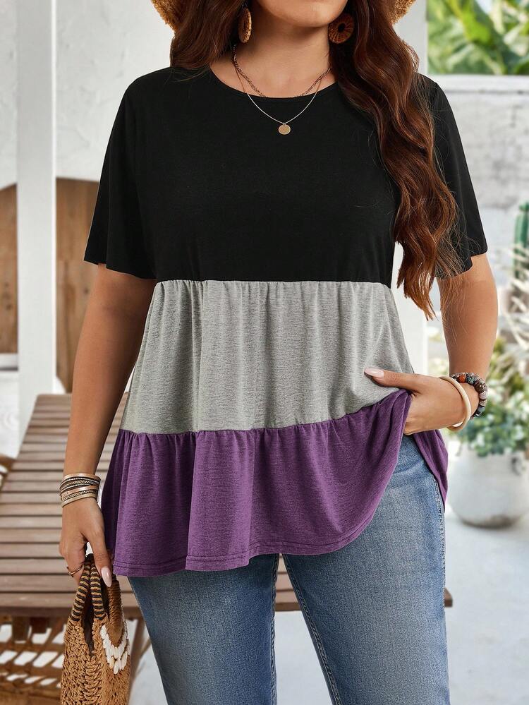 Plus Size Women Colorblock Round Neck Short Sleeve Ruffle Hem Casual Tunic Tops For Spring And Summer Mother's Day Bohemian Fall Clothes For Women