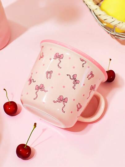 Kawaii 1pc Colored Ceramic Coffee Cup, Pink Simple Household Water Cup, Dishwasher, Microwave Compatible,Bow Pattern Cup, Kawaii Style,Suitable For Restaurant Or Home,Home Decor