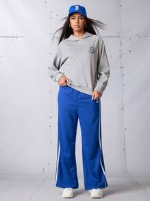 SHEIN Sports Damen Lässiger Street Grafik Muster Kapuzen Pullover Sweatshirt - Grau - Übersicht 3