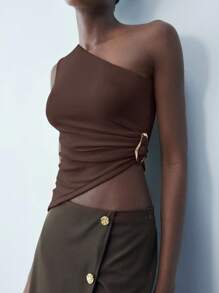 Maija 女式不对称下摆金属装饰单肩无袖修身短款衬衫，多用途时尚独特设计咖啡色复古别致商务休闲上衣 - 棕色 - 查看 6