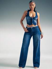 Denimoi 低腰毛边直筒牛仔裤，低腰牛仔裤，时尚 Y2K 性感夏季风格音乐会牛仔裤 - 深色水洗藍 - 查看 3