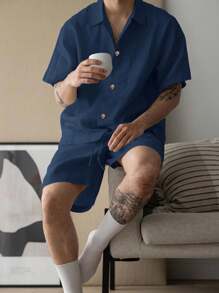 Claim Dot 2pcs Casual Solid Color Shirt & Shorts Set For Men, Summer - Navy Blue - View 1