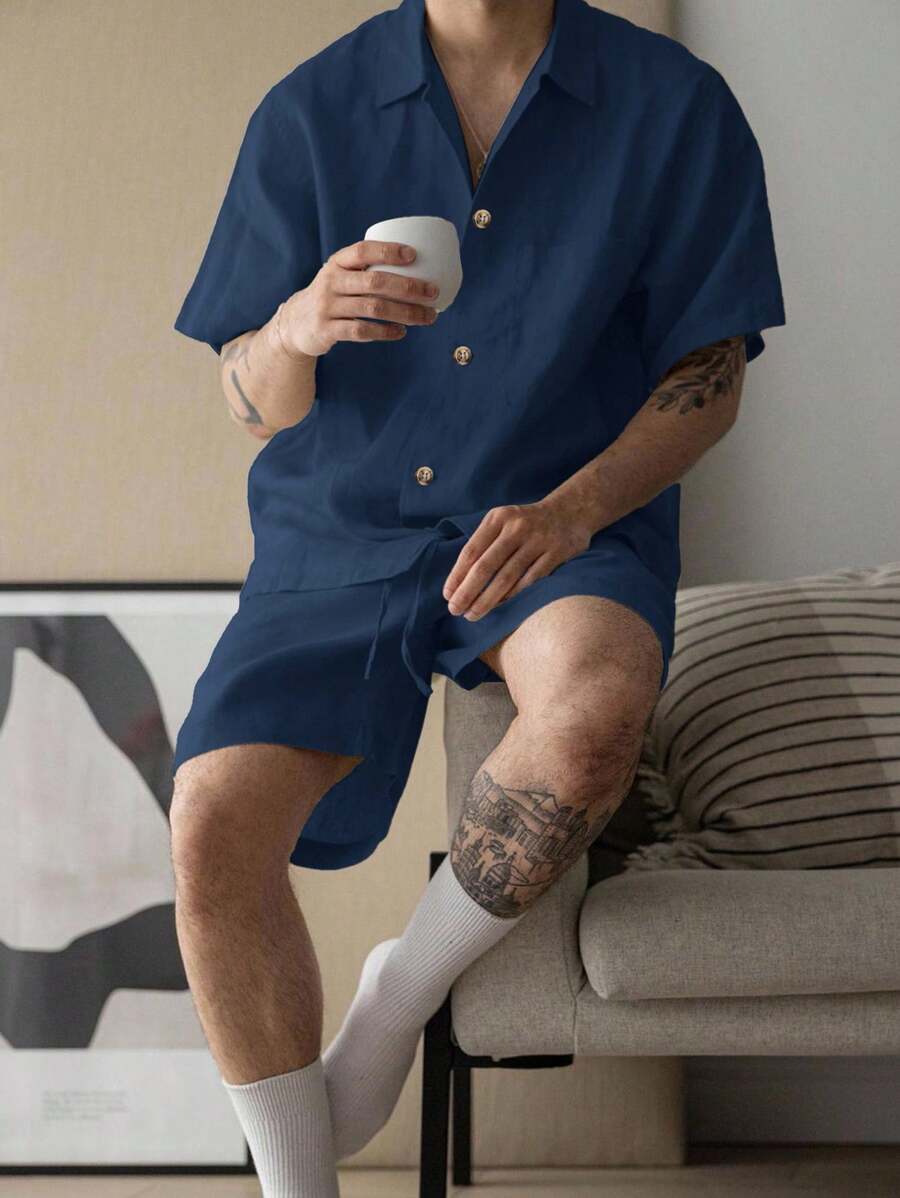 Claim Dot 2pcs Casual Solid Color Shirt & Shorts Set For Men, Summer - Navy Blue - View 1