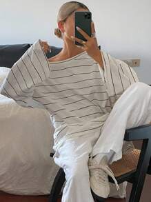 DAZY 女式条纹不对称领口宽松休闲街头风格T恤秋季上衣 - 黑與白 - 查看 4