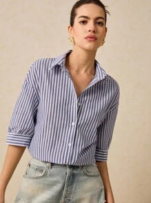 Poéselle Drop Shoulder Shirt Women's Long Sleeve Striped Shirt, Cute Summer Tops, Summer Women's Clothing, White Shirt, Fresh Casual Shirt, Button Closure, Covered Shirt, Lightweight And Breathable Made Of Comfy Material, Suitable For Holiday Going Out, Casual Daily 100% Cotton
