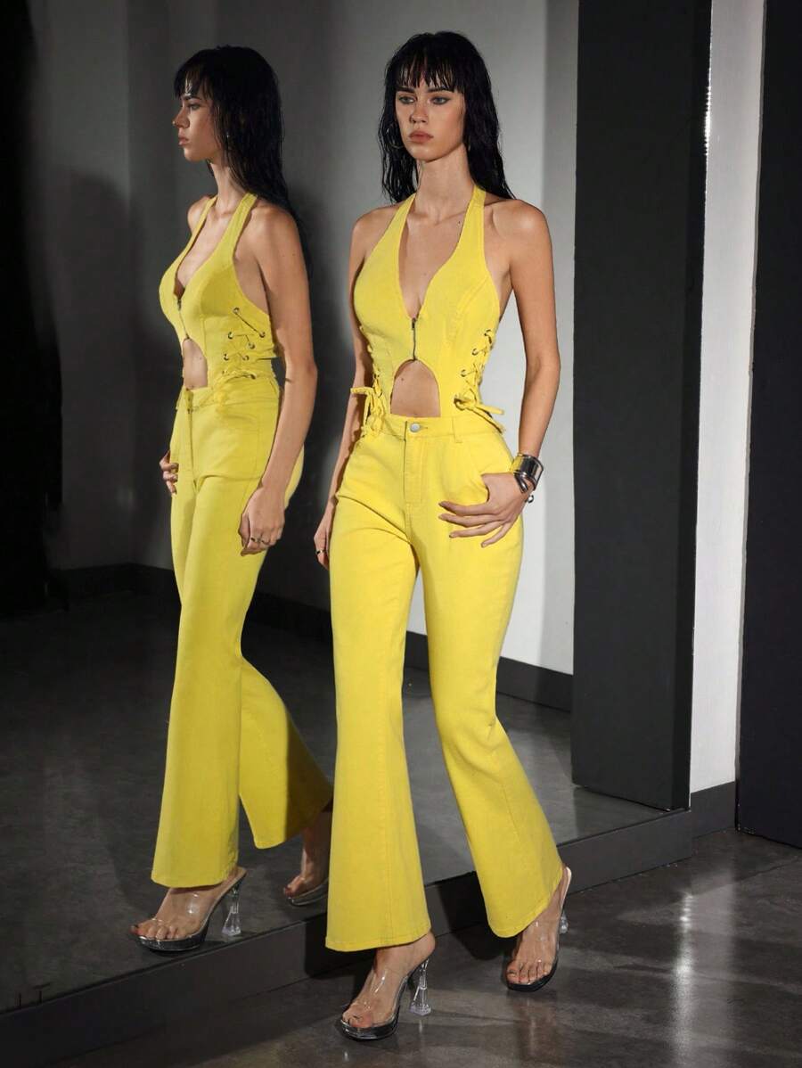 SHEIN EZwear 女式性感露背镂空设计侧系带牛仔连体裤 - 黃色 - 查看 1