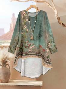 EMERY ROSE 大码女式度假风格花卉印花宽松长袖上衣和纯色休闲宽松裤套装，优雅复古欧式风格，适合春夏季，2 件套夏装，女式夏装秋装 - 綠色 - 查看 5