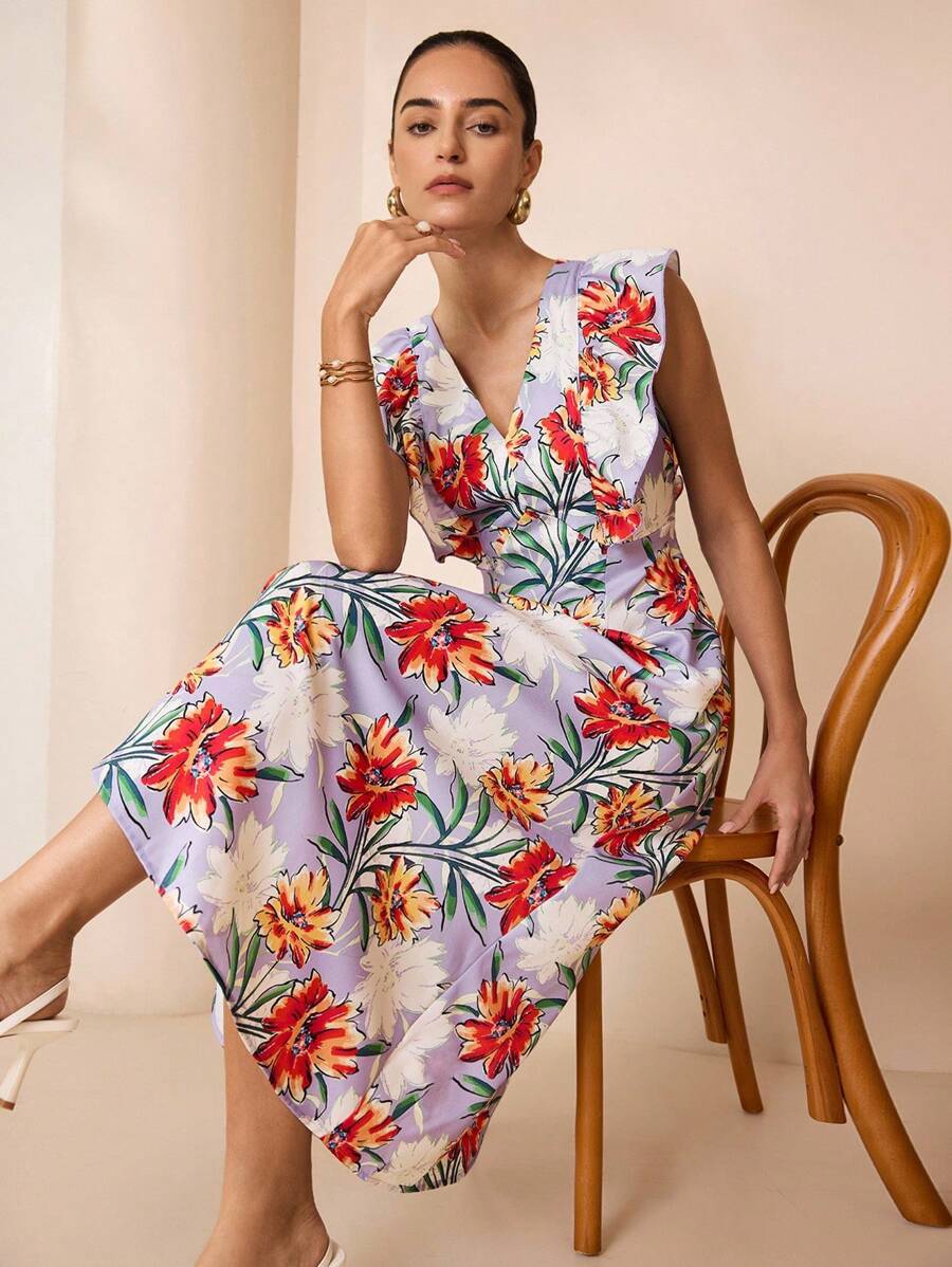 Shutterstock Glamance Women's Floral Print Ruffle Hem Romantic Vacation Dress Floral Midi Dress Midi Summer Dress Floral Dress Date Night Outfits Women Casual - Blue - View 1
