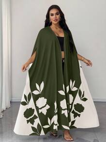 SHEIN Unity Áo khoác tay lửng họa tiết hoa chắp vá màu tương phản cỡ lớn - màu xanh lá - Xem 4