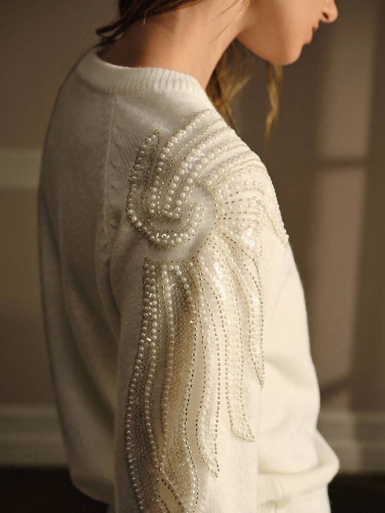 FAUX PEARL DETAIL PULLOVERS SWEATER